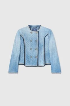 ERMANNO SCERVINO Denim Effect Quilted Double-breasted Jacket With Multicoloured Rafia Piping
