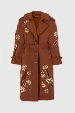 ERMANNO SCERVINO Midi Trench Coat In Technical Fabric With Handmade Embroidery
