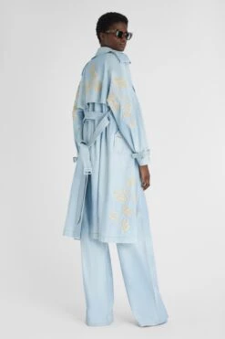 ERMANNO SCERVINO Denim Print Midi Trench Coat With Handmade Rafia Floral Embroidery -Angelina Store D460D304REMY S4612 03