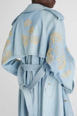 ERMANNO SCERVINO Denim Print Midi Trench Coat With Handmade Rafia Floral Embroidery -Angelina Store D460D304REMY S4612 05
