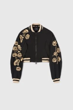 ERMANNO SCERVINO Technical Fabric Bomber Jacket With Handmade Rafia Floral Embroidery