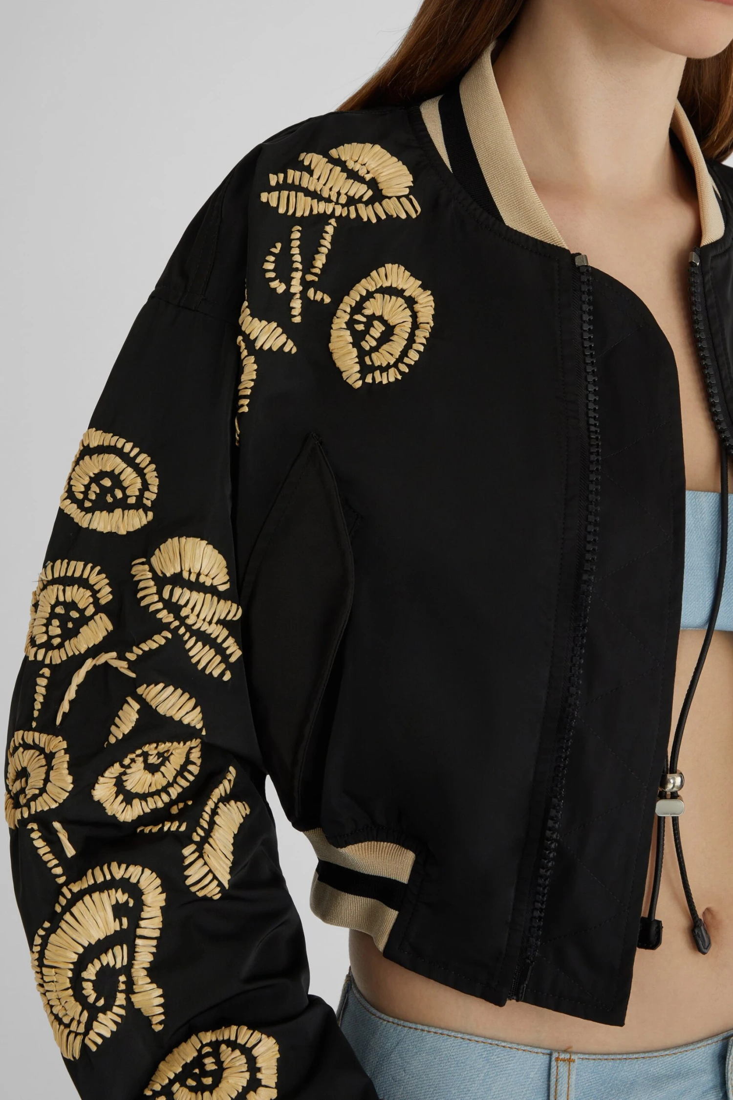 ERMANNO SCERVINO Technical Fabric Bomber Jacket With Handmade Rafia Floral Embroidery 6 ERMANNO SCERVINO Technical Fabric Bomber Jacket With Handmade Rafia Floral Embroidery - Image 4