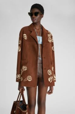 ERMANNO SCERVINO Single-breasted Suede Jacket With Handmade Contrasting Rafia Floral Embroidery -Angelina Store D460I311RFPX 91230 03