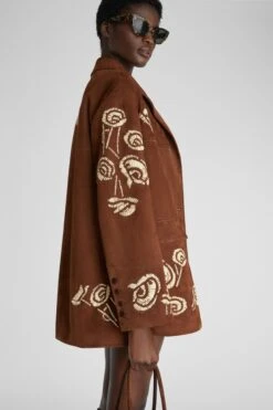 ERMANNO SCERVINO Single-breasted Suede Jacket With Handmade Contrasting Rafia Floral Embroidery -Angelina Store D460I311RFPX 91230 06