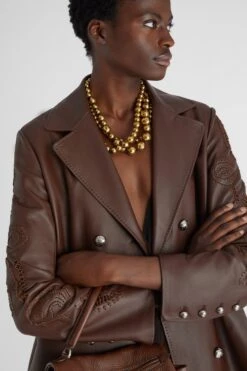 ERMANNO SCERVINO Single-breasted Leather Jacket With Handmade Embroidery And Carvings -Angelina Store D460I316RHGN 91230 05