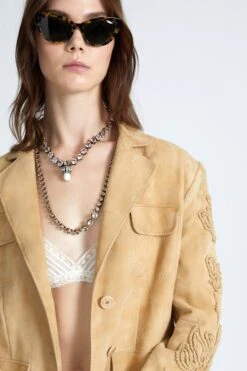 ERMANNO SCERVINO Nuvolato Suede Single-breasted Sahariana With Handmade Floral Embroidery On The Sleeves. -Angelina Store D460I703ROKR W4603 05