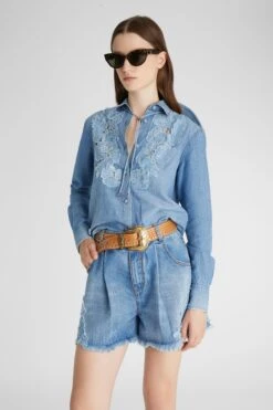 ERMANNO SCERVINO Denim Shirt With Handmade Floral Appliques -Angelina Store D462K317TZD 94037 03