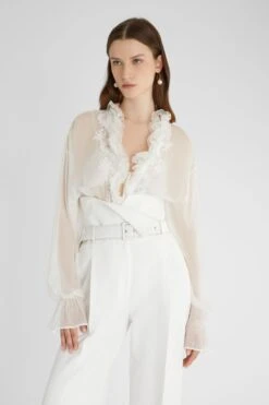 ERMANNO SCERVINO Pure Silk Chiffon Blouse With Lace And Ruffles -Angelina Store D462K319CSQEL 10601 03