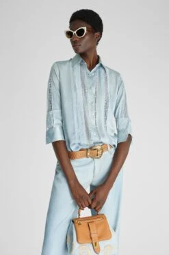 ERMANNO SCERVINO Light Denim Print Pure Silk Shirt With Lace Valencienne -Angelina Store D462K342BXF S4612 03