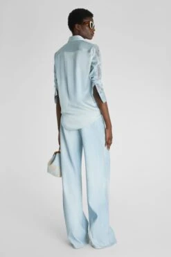 ERMANNO SCERVINO Light Denim Print Pure Silk Shirt With Lace Valencienne -Angelina Store D462K342BXF S4612 04