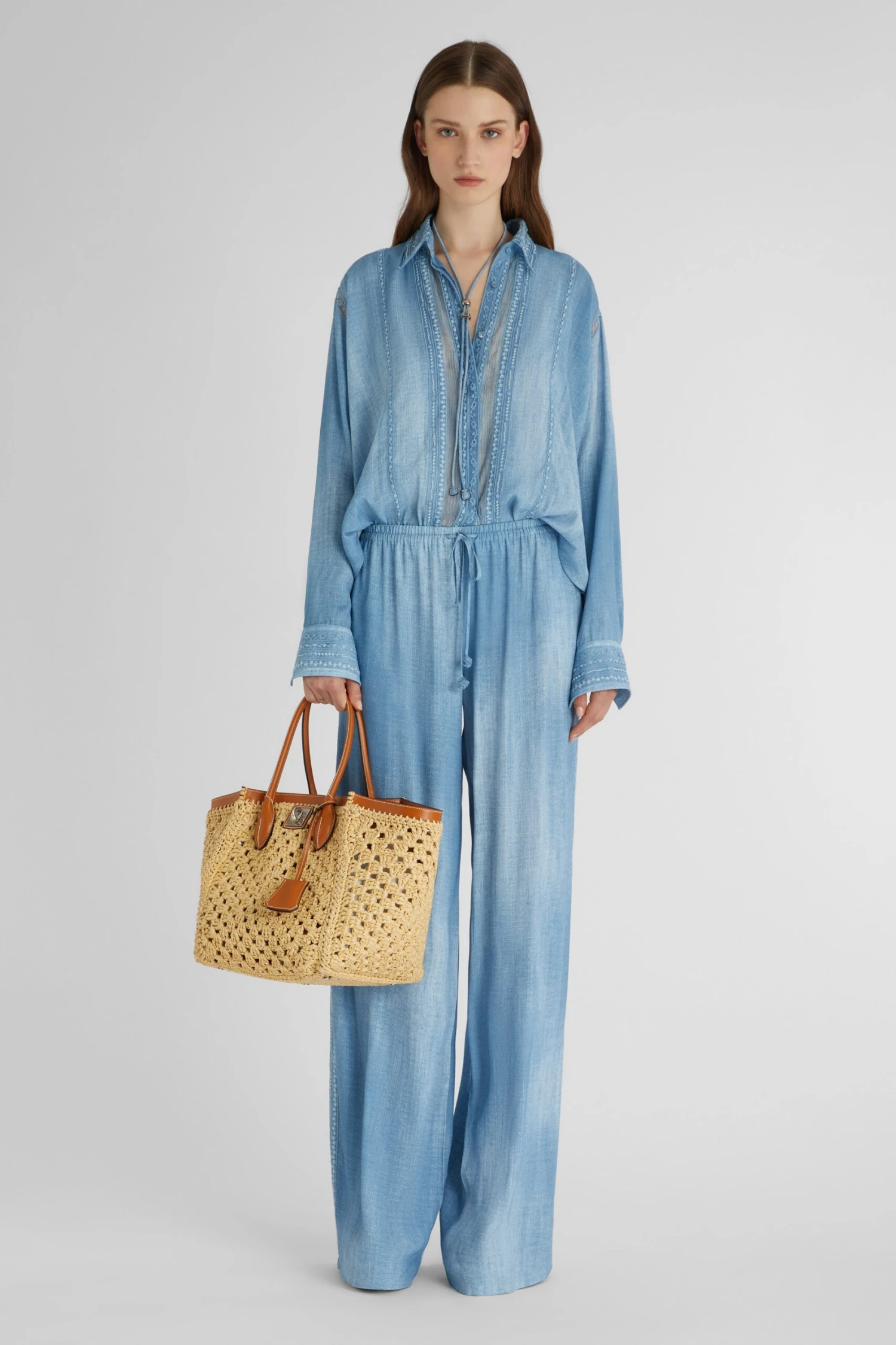 ERMANNO SCERVINO Denim Print Marocain Shirt With Valencienne Lace Details 4 ERMANNO SCERVINO Denim Print Marocain Shirt With Valencienne Lace Details - Image 2