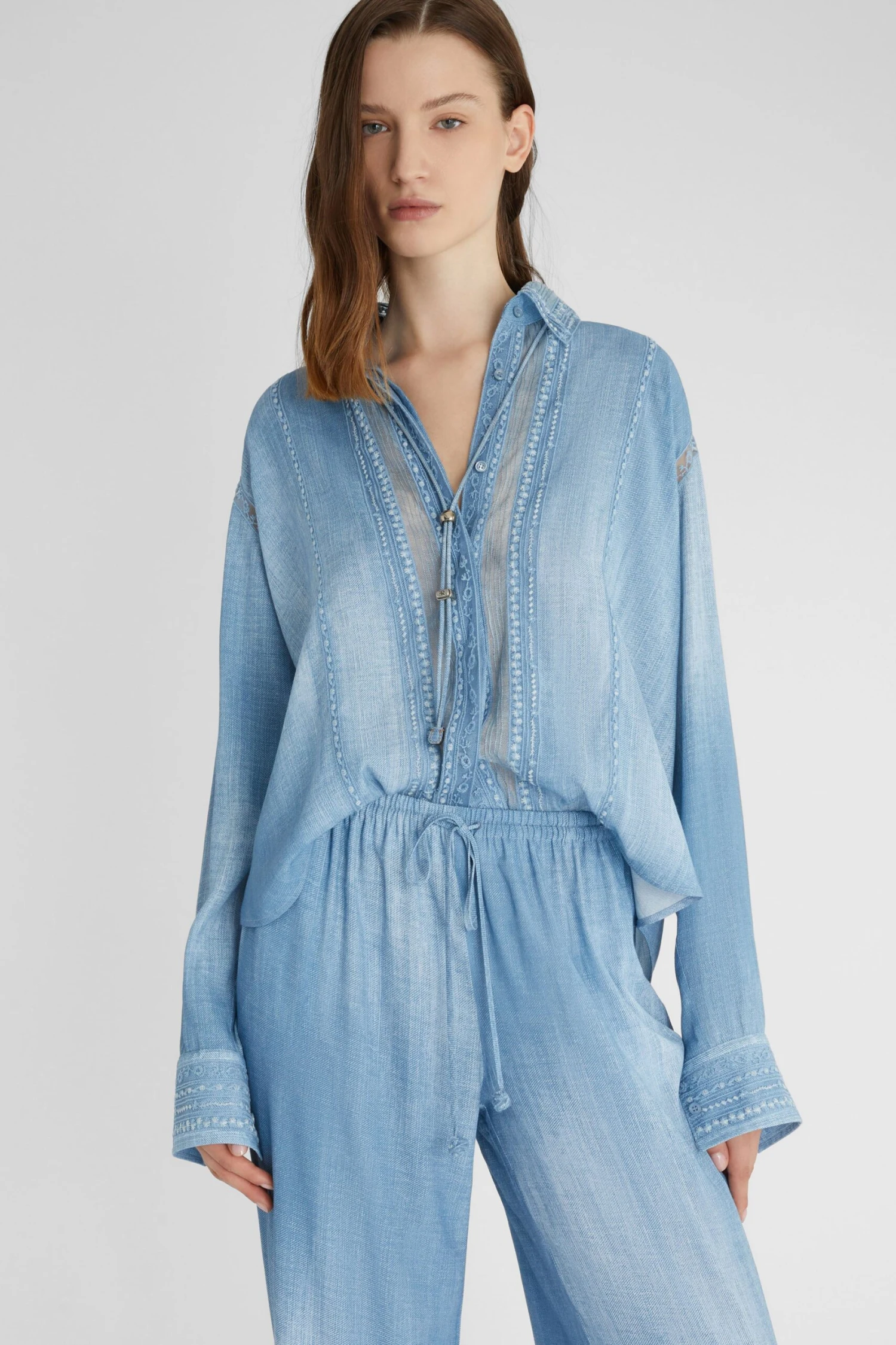 ERMANNO SCERVINO Denim Print Marocain Shirt With Valencienne Lace Details 5 ERMANNO SCERVINO Denim Print Marocain Shirt With Valencienne Lace Details - Image 3
