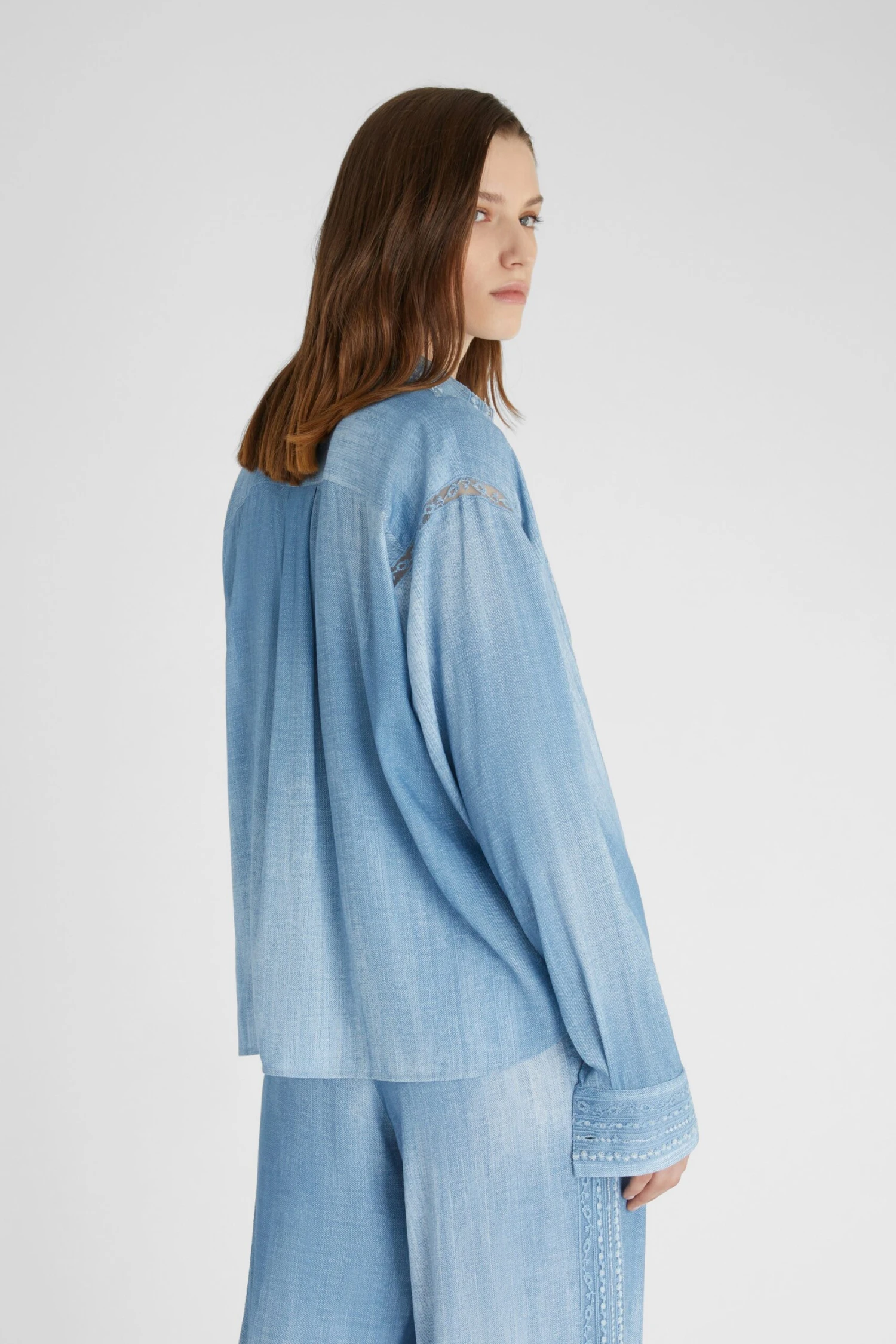 ERMANNO SCERVINO Denim Print Marocain Shirt With Valencienne Lace Details 6 ERMANNO SCERVINO Denim Print Marocain Shirt With Valencienne Lace Details - Image 4