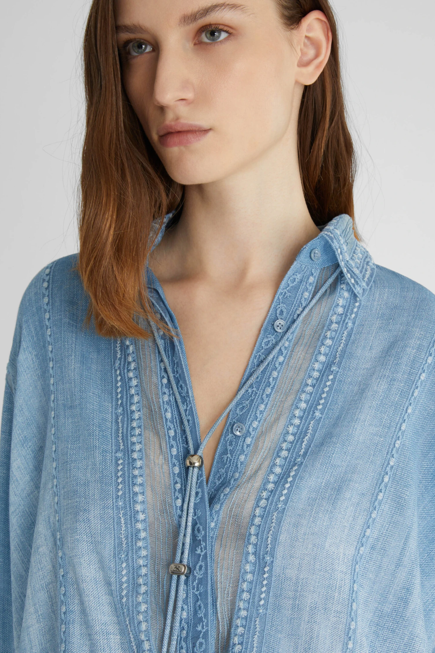 ERMANNO SCERVINO Denim Print Marocain Shirt With Valencienne Lace Details 7 ERMANNO SCERVINO Denim Print Marocain Shirt With Valencienne Lace Details - Image 5