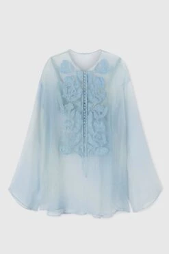 ERMANNO SCERVINO Short Pure Silk Chiffon Kaftan With Handmade Floral Appliques