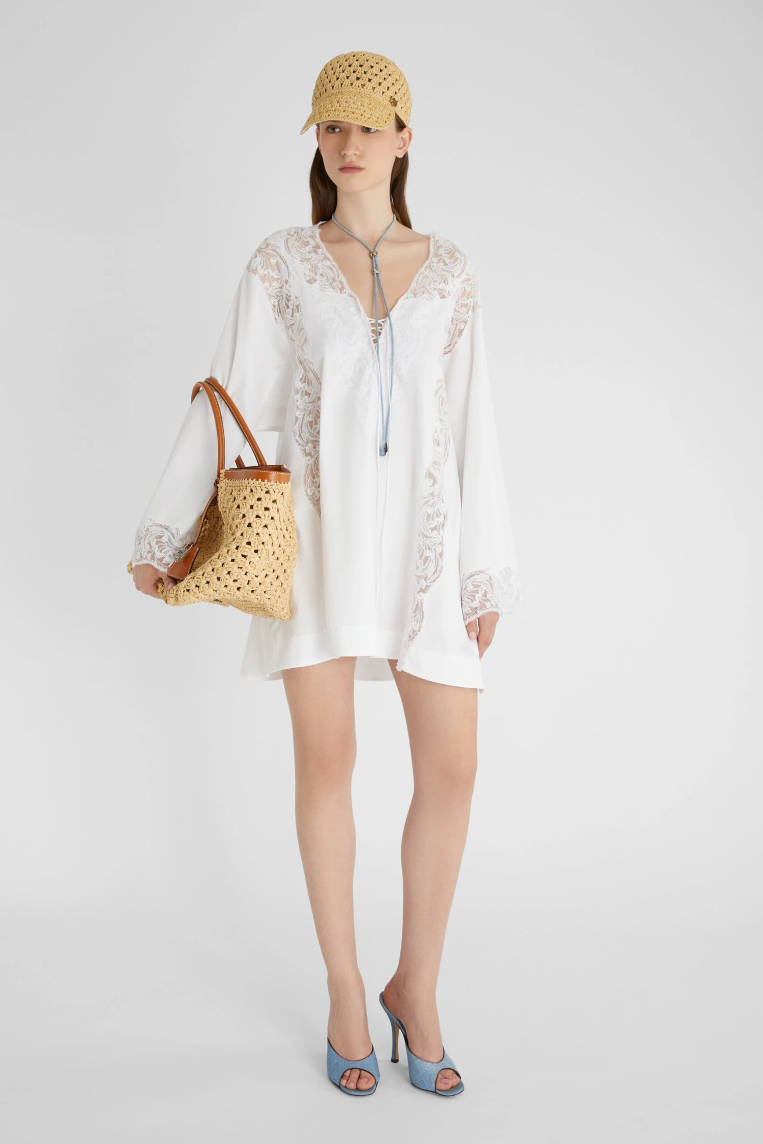 ERMANNO SCERVINO Short Cotton Kaftan With Handmade Rebrode Lace Appliques 4 ERMANNO SCERVINO Short Cotton Kaftan With Handmade Rebrode Lace Appliques - Image 2