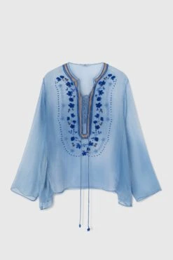 ERMANNO SCERVINO Short Pure Silk Chiffon Kaftan With Denim Texture And Geometric Embroidery