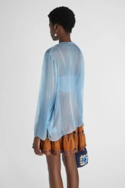 ERMANNO SCERVINO Short Pure Silk Chiffon Kaftan With Denim Texture And Geometric Embroidery -Angelina Store D462K406CSFWB S4217 04