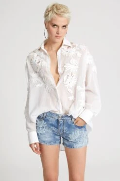 ERMANNO SCERVINO Oversized Cotton Muslin Shirt With Handmade Ribbon Floral Embroidery 8 ERMANNO SCERVINO Oversized Cotton Muslin Shirt With Handmade Ribbon Floral Embroidery -Angelina Store D462K742JBN 10601 02