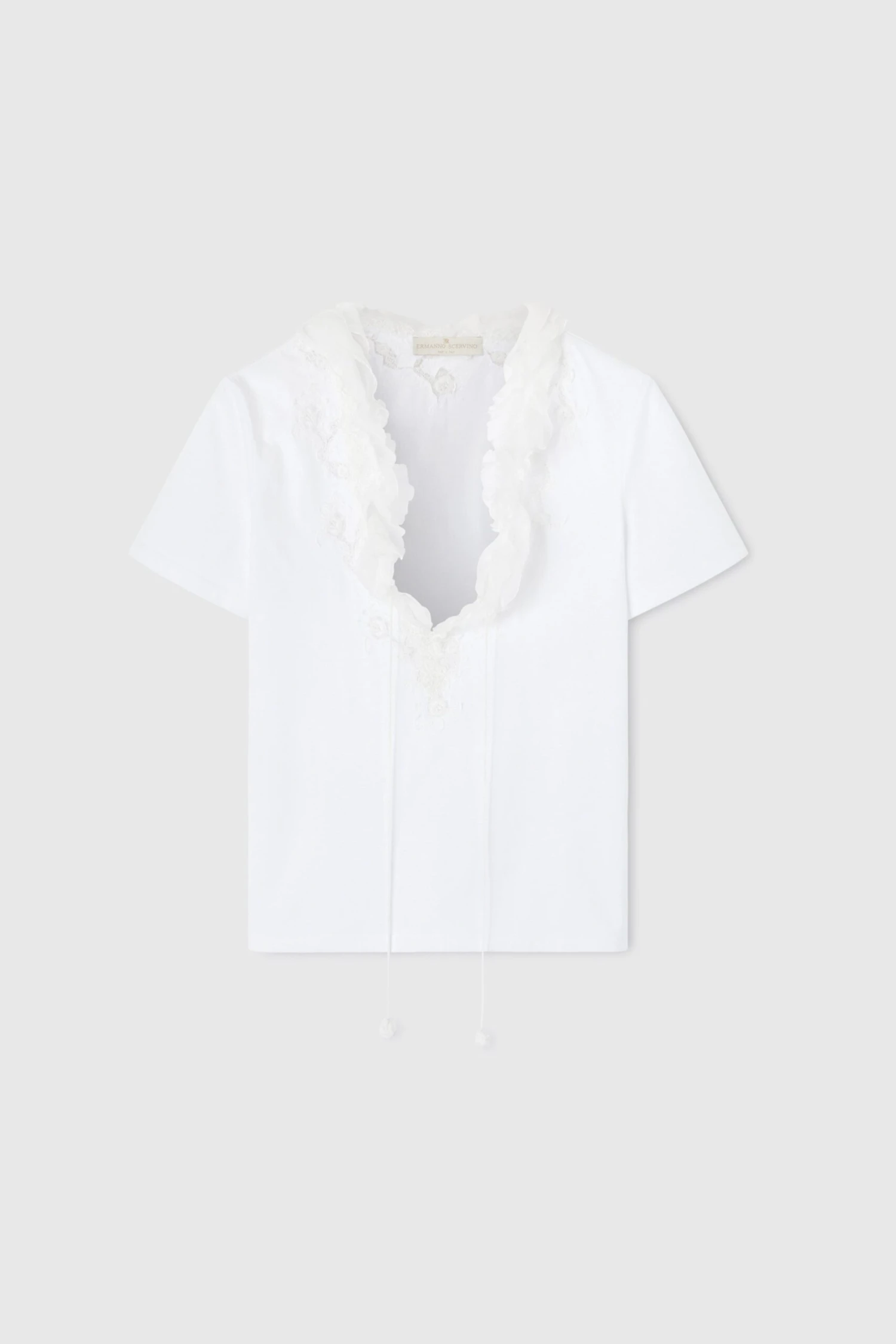 ERMANNO SCERVINO T-shirt With Deep V-neck And Silk Lace And Ruffle Applications 3 ERMANNO SCERVINO T-shirt With Deep V-neck And Silk Lace And Ruffle Applications