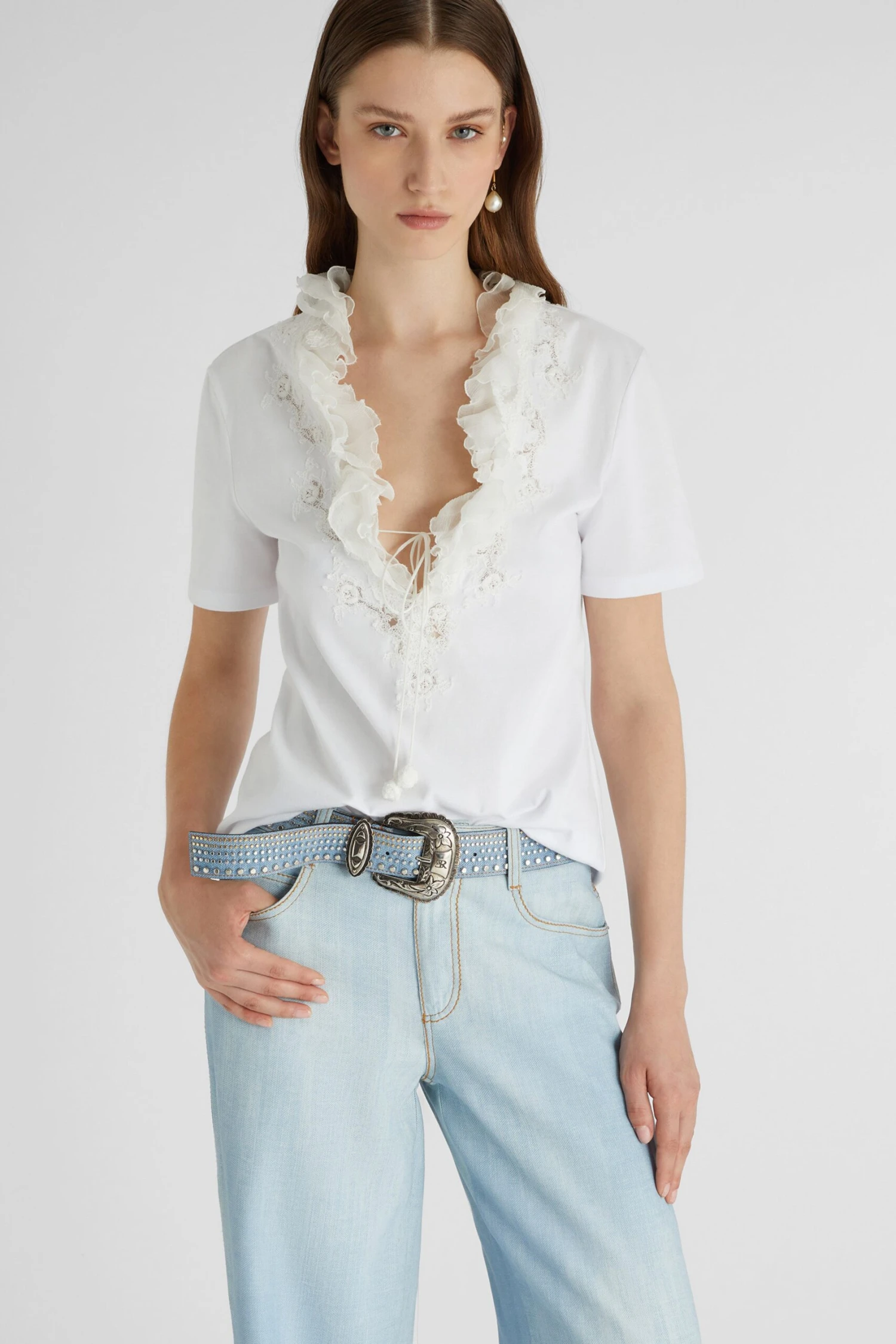 ERMANNO SCERVINO T-shirt With Deep V-neck And Silk Lace And Ruffle Applications 4 ERMANNO SCERVINO T-shirt With Deep V-neck And Silk Lace And Ruffle Applications - Image 2