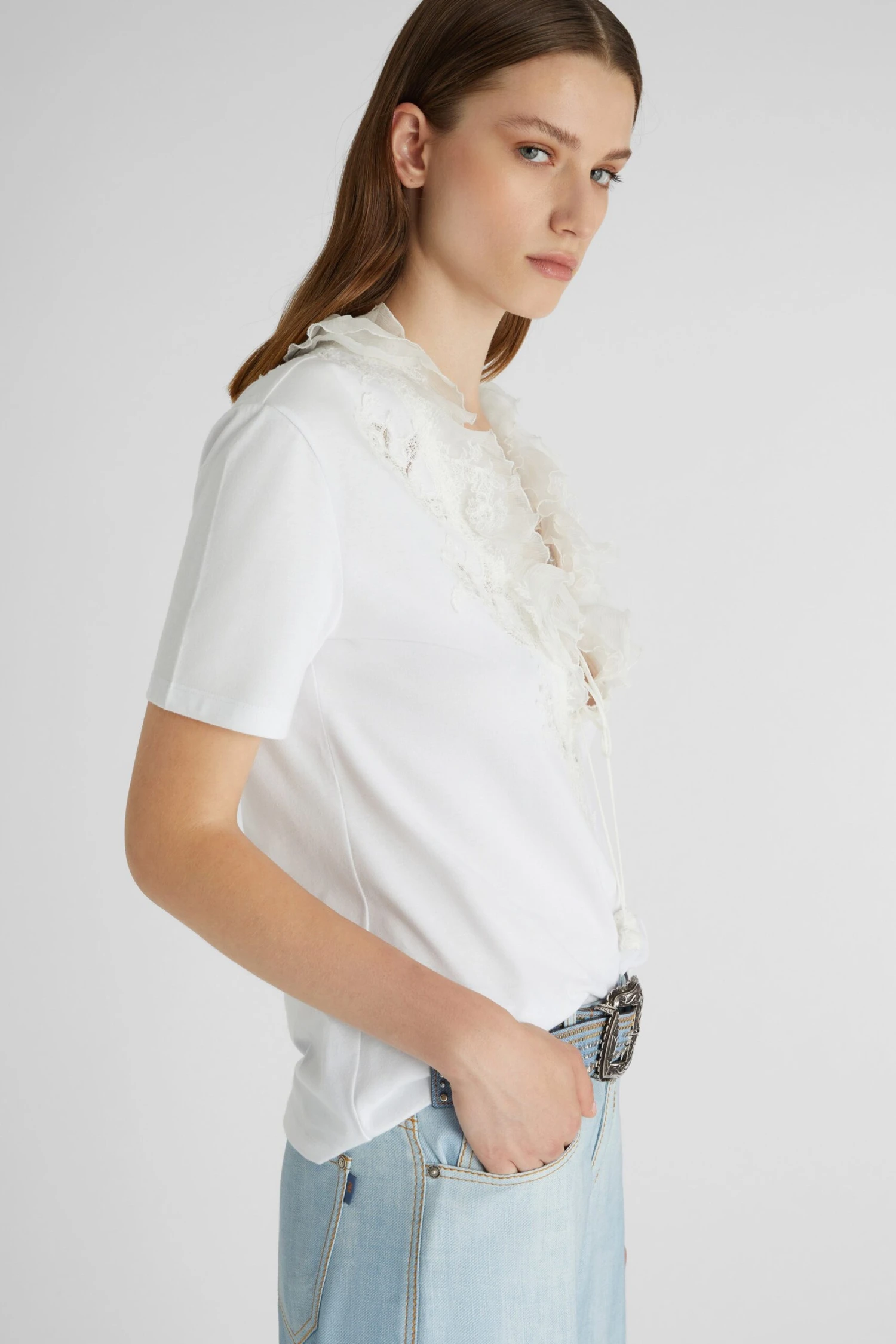 ERMANNO SCERVINO T-shirt With Deep V-neck And Silk Lace And Ruffle Applications 5 ERMANNO SCERVINO T-shirt With Deep V-neck And Silk Lace And Ruffle Applications - Image 3