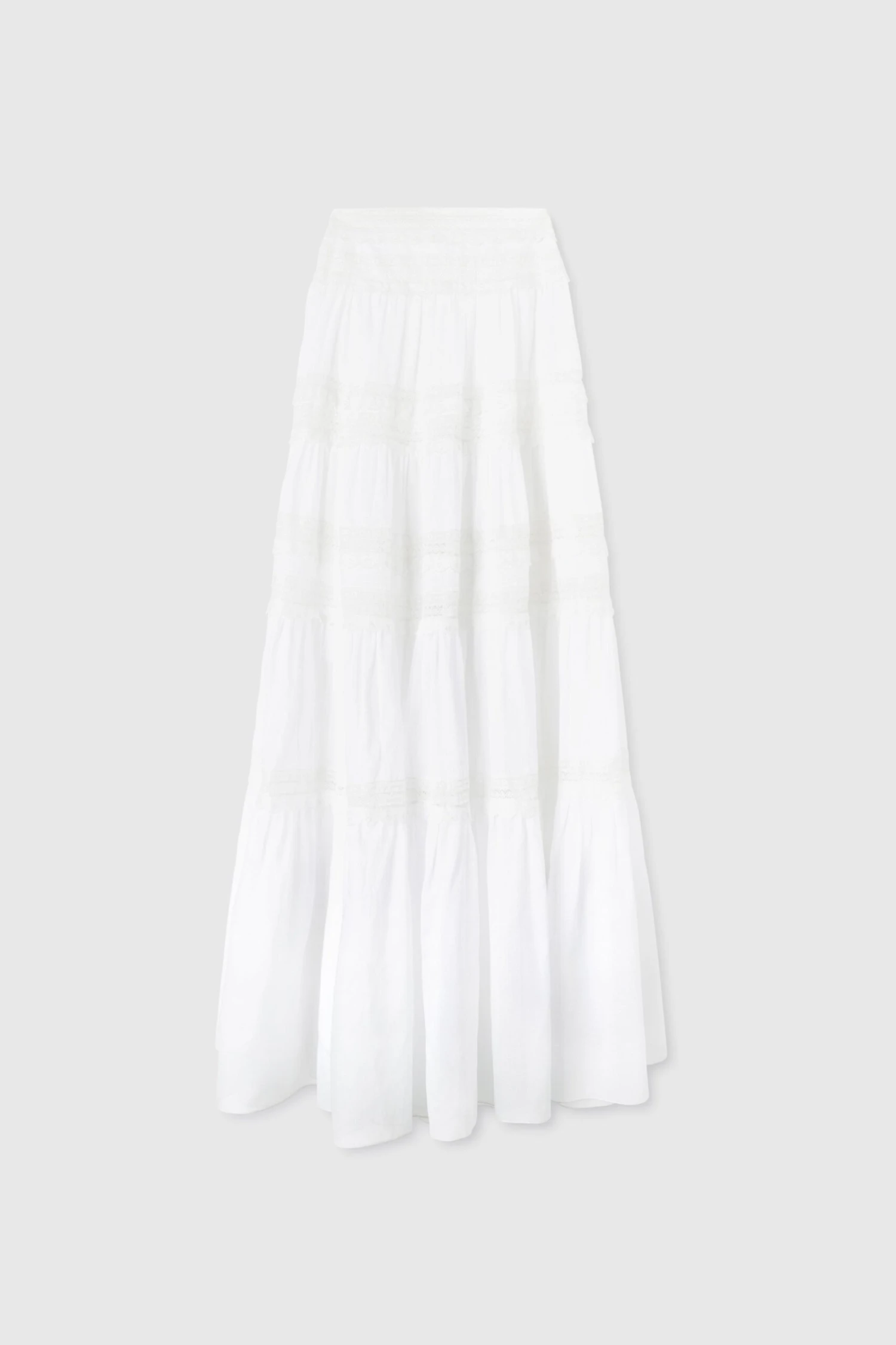 ERMANNO SCERVINO Long Skirt In Cotton Muslin With Flounces And Valencienne Lace Appliques, Jour And Scallop Embroidery 3 ERMANNO SCERVINO Long Skirt In Cotton Muslin With Flounces And Valencienne Lace Appliques, Jour And Scallop Embroidery