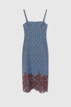 ERMANNO SCERVINO Pure Silk Crepe De Chine Dress With Micro Flower Print And Lace Applique On The Bottom