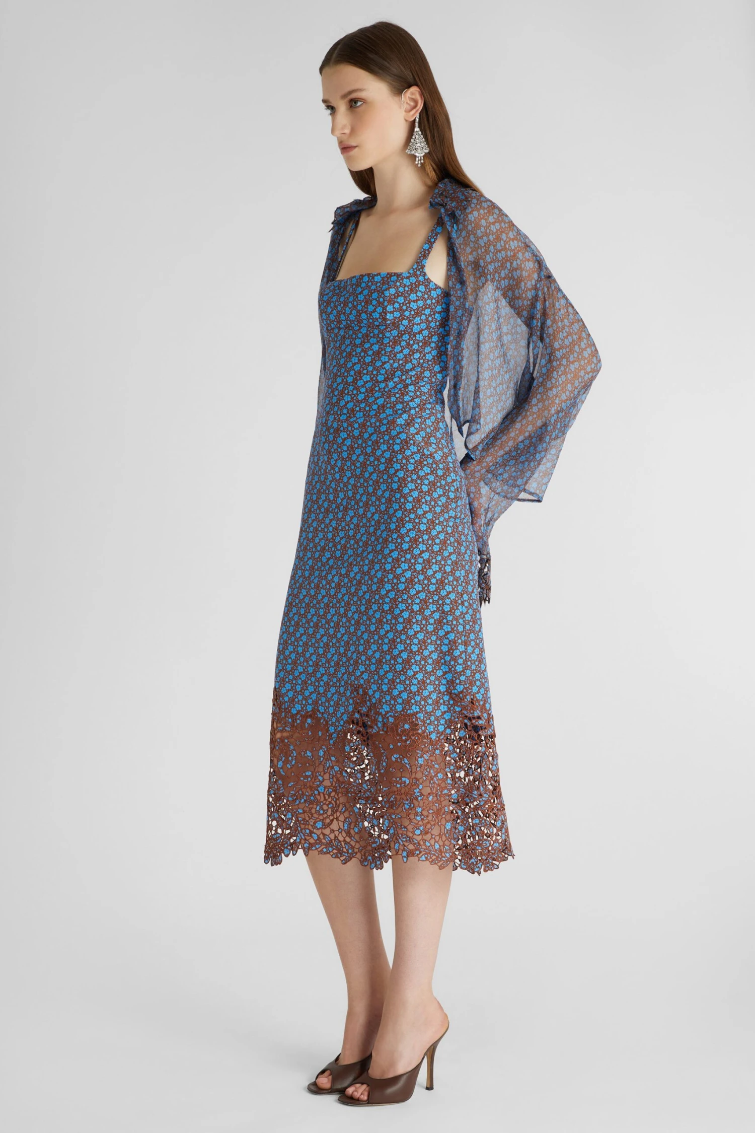 ERMANNO SCERVINO Pure Silk Crepe De Chine Dress With Micro Flower Print And Lace Applique On The Bottom 4 ERMANNO SCERVINO Pure Silk Crepe De Chine Dress With Micro Flower Print And Lace Applique On The Bottom - Image 2