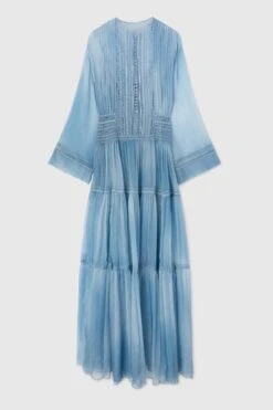 ERMANNO SCERVINO Silk Crepon Long Dress With Tie Dye Shading And Valencienne Lace