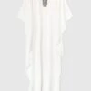 ERMANNO SCERVINO Long Pure Silk Kaftan With Neckline Embellished With Crystal And Pearl Appliques