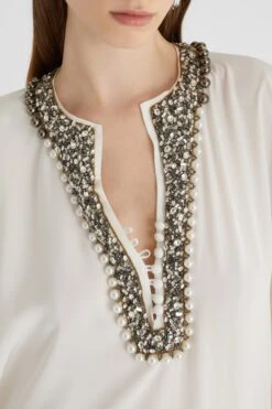 ERMANNO SCERVINO Long Pure Silk Kaftan With Neckline Embellished With Crystal And Pearl Appliques -Angelina Store D462Q361APFKE 10602 04