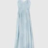 ERMANNO SCERVINO Light Denim Print Long Lingerie Dress With Fine Straps And Lace Appliques