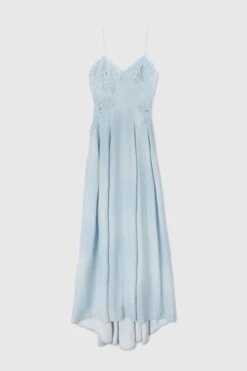 ERMANNO SCERVINO Light Denim Print Long Lingerie Dress With Fine Straps And Lace Appliques