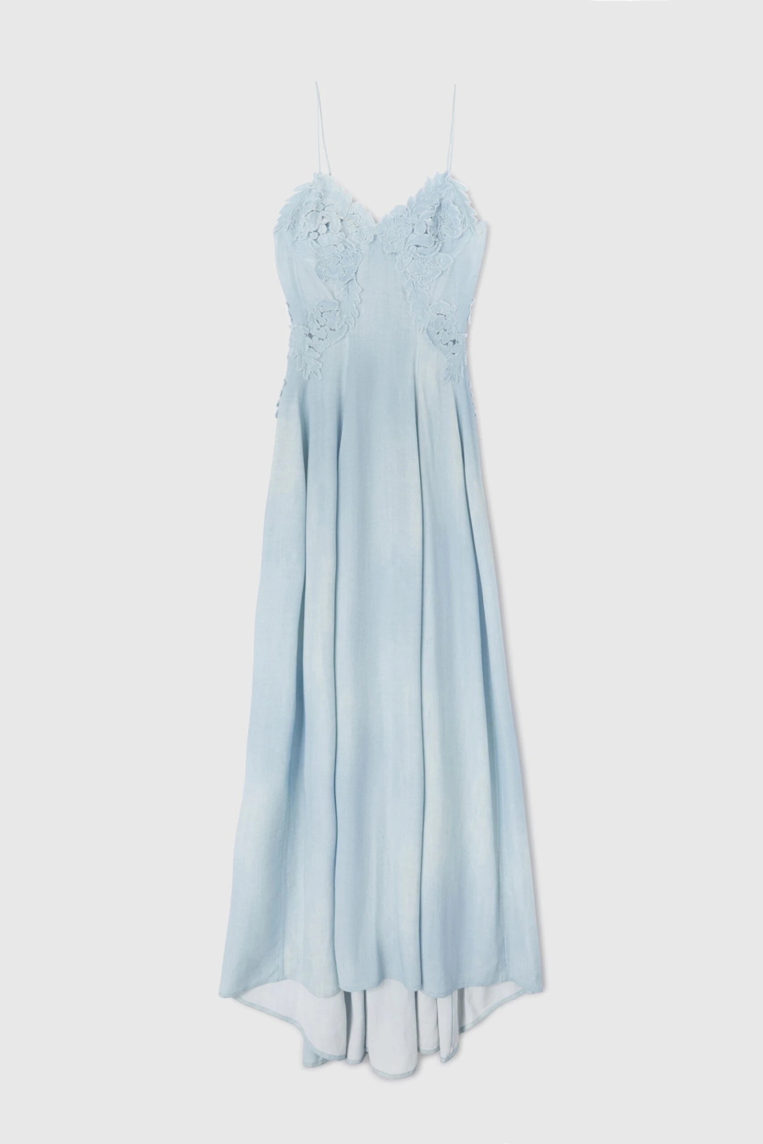 ERMANNO SCERVINO Light Denim Print Long Lingerie Dress With Fine Straps And Lace Appliques 3 ERMANNO SCERVINO Light Denim Print Long Lingerie Dress With Fine Straps And Lace Appliques