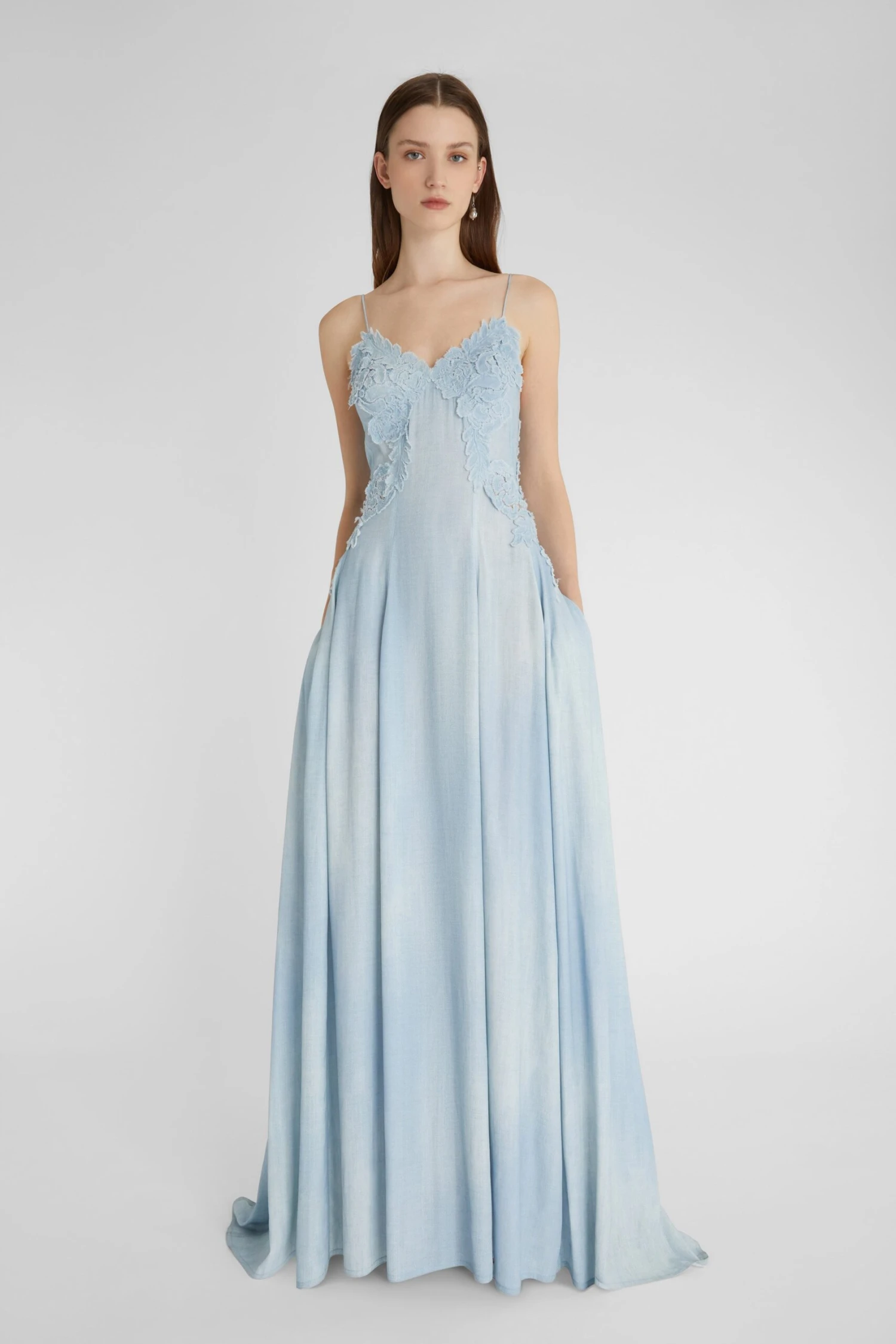 ERMANNO SCERVINO Light Denim Print Long Lingerie Dress With Fine Straps And Lace Appliques 4 ERMANNO SCERVINO Light Denim Print Long Lingerie Dress With Fine Straps And Lace Appliques - Image 2