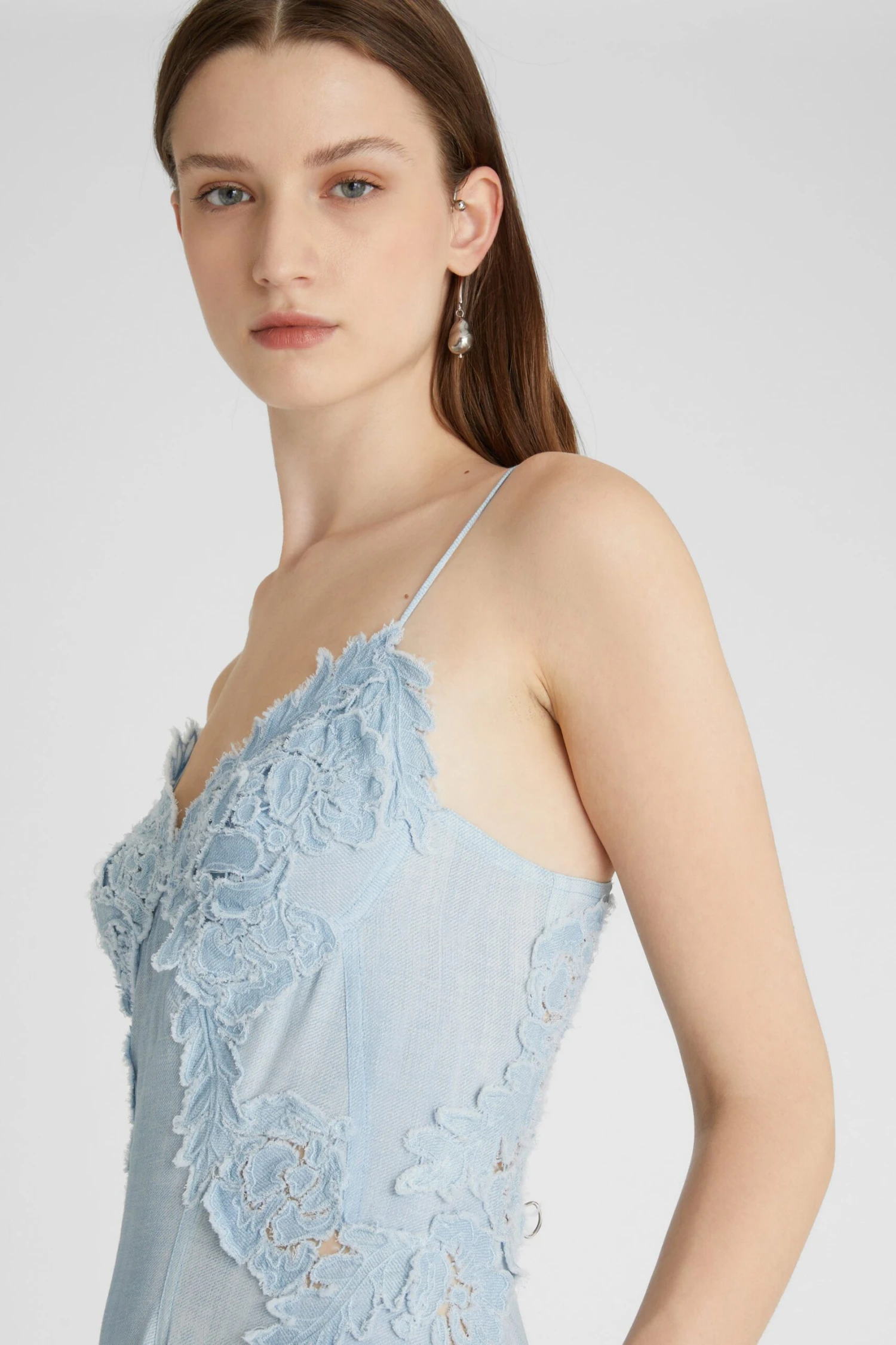 ERMANNO SCERVINO Light Denim Print Long Lingerie Dress With Fine Straps And Lace Appliques 5 ERMANNO SCERVINO Light Denim Print Long Lingerie Dress With Fine Straps And Lace Appliques - Image 3