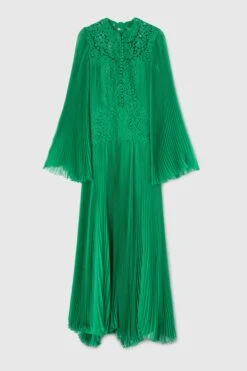 ERMANNO SCERVINO Long Pure Silk Pleated Kaftan With Handmade Lace Appliques And Buttoned Neckline