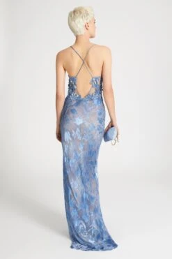 ERMANNO SCERVINO Denim Print Devore Long Dress With Handmade Floral Embroidery -Angelina Store D462Q726FDYSH S4217 05