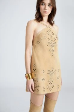 ERMANNO SCERVINO Short Flared Suede Dress With American Neckline And Geometric Cut-out Made And Finished By Hand -Angelina Store D462Q749EOQ W4603 05 ffaceea1 d407 4b81 81eb 0a8dee6a72b4