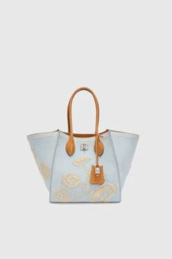 ERMANNO SCERVINO Maggie Medium In Bleach Denim With Hand-made Embroidery In Natural Rafia