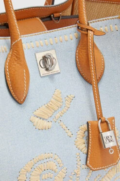 ERMANNO SCERVINO Maggie Medium In Bleach Denim With Hand-made Embroidery In Natural Rafia -Angelina Store D463S354RQNJ 64021 04