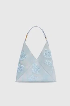 ERMANNO SCERVINO New Dudu In Light Blue Nuvolato Suede With Handmade Silk Chiffon Creponne Floral Embroidery