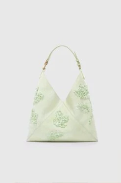 ERMANNO SCERVINO New Dudu In Light Green Nuvolato Suede With Handmade Silk Chiffon Creponne Floral Embroidery