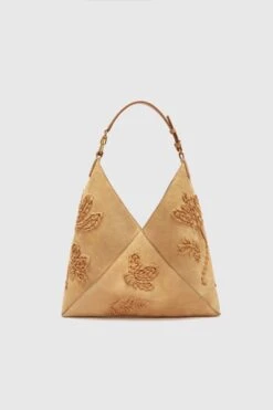 ERMANNO SCERVINO New Dudu In Beige Nuvolato Suede With Handmade Silk Chiffon Creponne Floral Embroidery