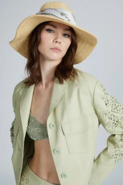 ERMANNO SCERVINO Viscose Rafia Broad-brimmed Hat With Geometric Print Silk Sash -Angelina Store D463V730RDM 30815 02