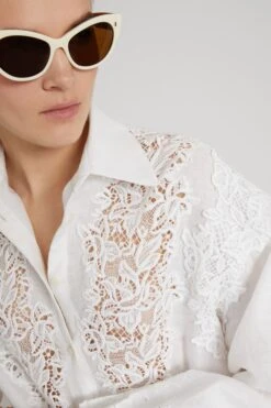 ERMANNO SCERVINO Long Pure Linen Chemisier With Handmade Embroidery And Macrame Lace Appliques 10 ERMANNO SCERVINO Long Pure Linen Chemisier With Handmade Embroidery And Macrame Lace Appliques -Angelina Store D464K301NZR 10602 03
