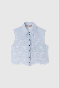 ERMANNO SCERVINO Cropped Sleeveless Blouse With Tie Print And Cock Lace Details