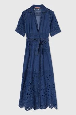 ERMANNO SCERVINO Long-sleeved Midi Chemise Dress With Floral And Geometric Sangallo Lace Details And Sash At Waist