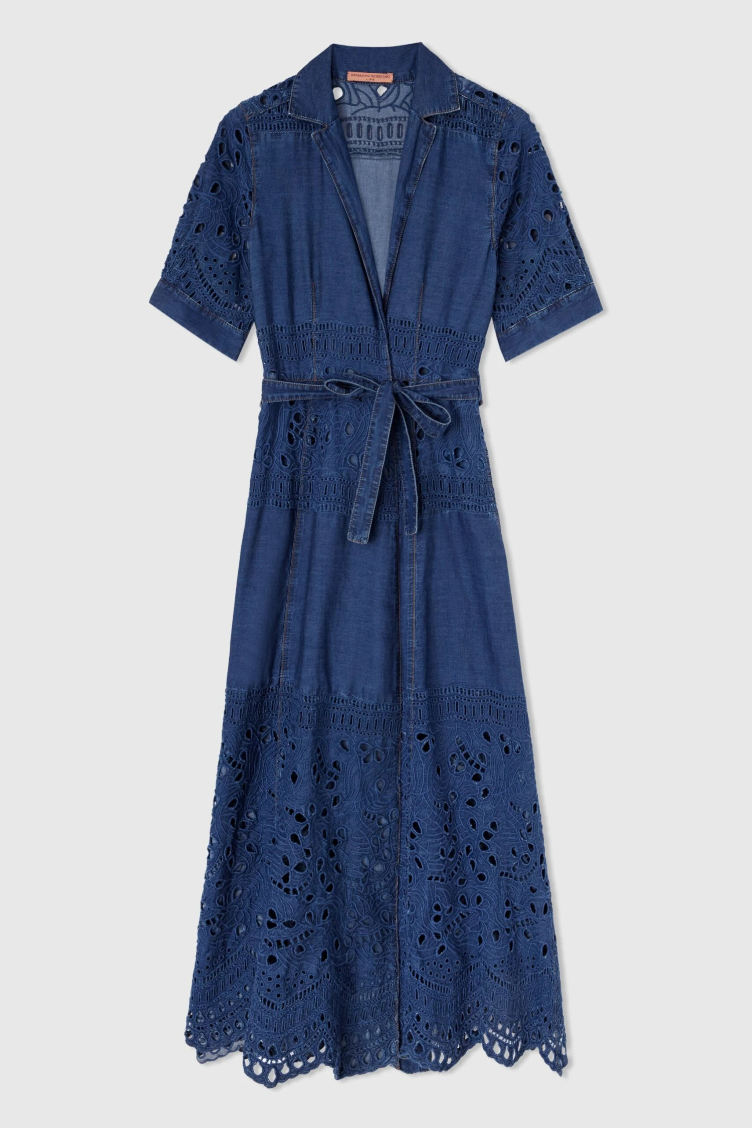 ERMANNO SCERVINO Long-sleeved Midi Chemise Dress With Floral And Geometric Sangallo Lace Details And Sash At Waist 3 ERMANNO SCERVINO Long-sleeved Midi Chemise Dress With Floral And Geometric Sangallo Lace Details And Sash At Waist